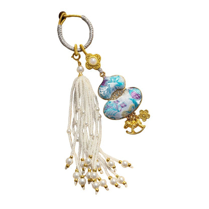 Pingente de Cabaça Auspiciosa Chinesa Artesanal com Bordado de Brocado Song e Borla de Contas, Charm para Bolsa e Enfeite para Carro, para Boa Sorte e Fortuna