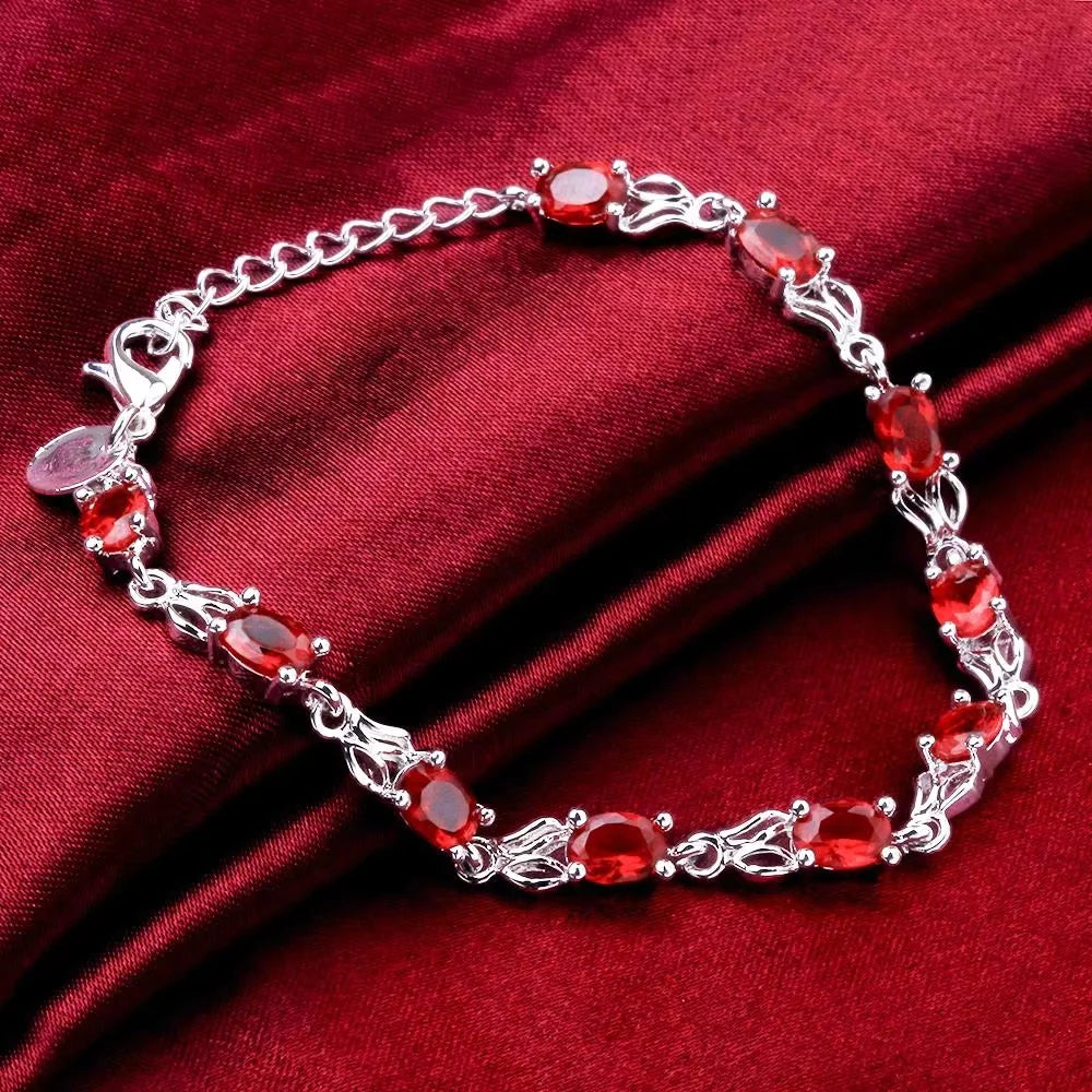 Pulseiras de corrente com cristais vermelhos vibrantes em prata de lei 925, para mulheres, ideais para festas, casamentos e como lindos presentes de Natal. Joias requintadas.