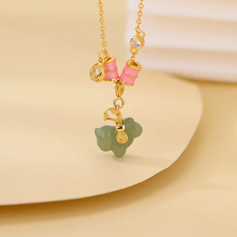 Colar de Elefante Auspicioso Ruyi em Jade Verde Esmaltado, Prata Esterlina S925 Natural Hetian, Prosperidade Instantânea