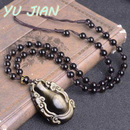 Pingente de Vaso de Obsidiana Fina, Colar Natural Preto e Dourado com Corrente de Pérolas, Joias de Moda para Casais