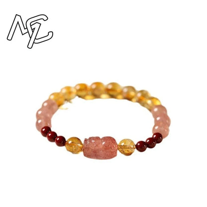 Pulseira de Quartzo Morango Natural com Pixiu e Contas de Citrino, Amuletos Artesanais, Joias da Moda, Presentes para Mulheres