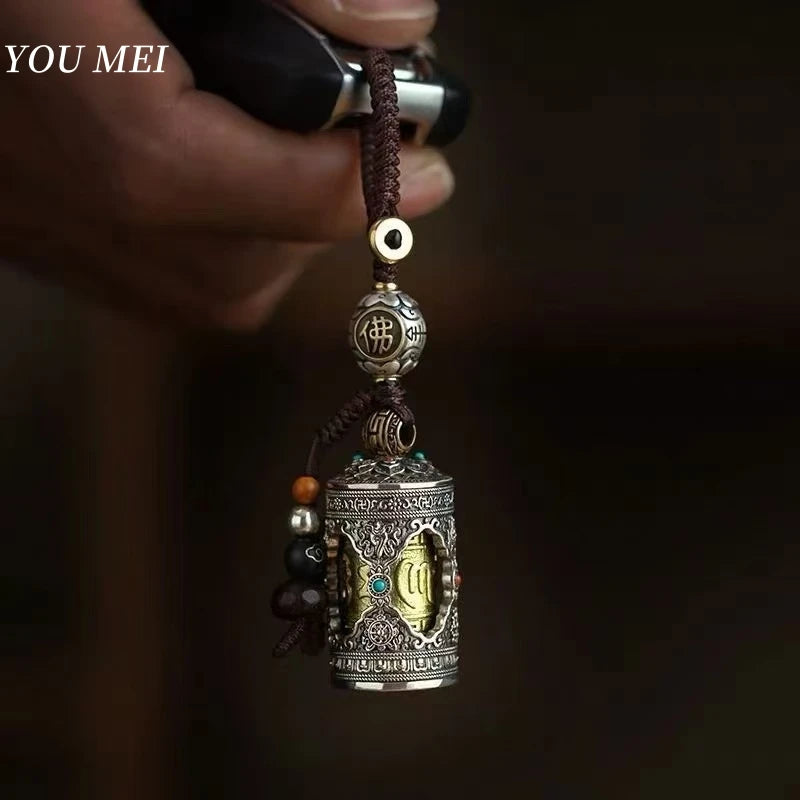 Pingente de cilindro de sutra mantra giratório de seis caracteres estilo antigo tibetano, lembrança de bronze, amuleto, presente, item budista