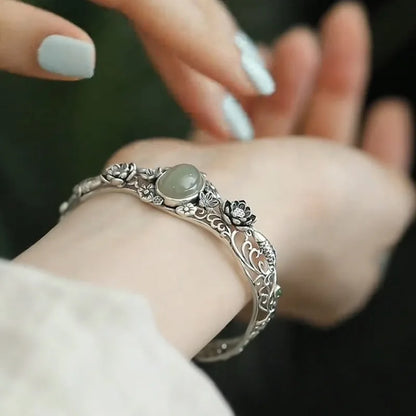 925 prata vintage flor de lótus koi pulseiras para mulheres oco esculpido natural hotan jade verde pulseira banquete jóias