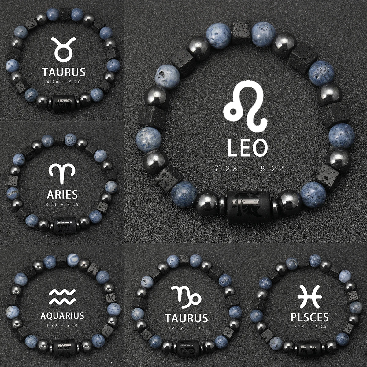 Pulsera Cosmos Azul: Signos del Zodiaco. Diseño y acabado de la pieza mostrada.
