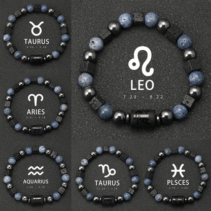 Pulsera Cosmos Azul: Signos del Zodiaco. Diseño y acabado de la pieza mostrada.