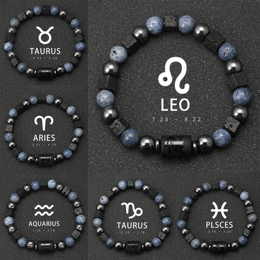 Pulsera Cosmos Azul: Signos del Zodiaco. Diseño y acabado de la pieza mostrada.
