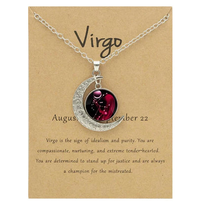 Colar de pingente de lua com 12 signos do zodíaco de vidro com cartão vintage astrologia constelação joias presentes