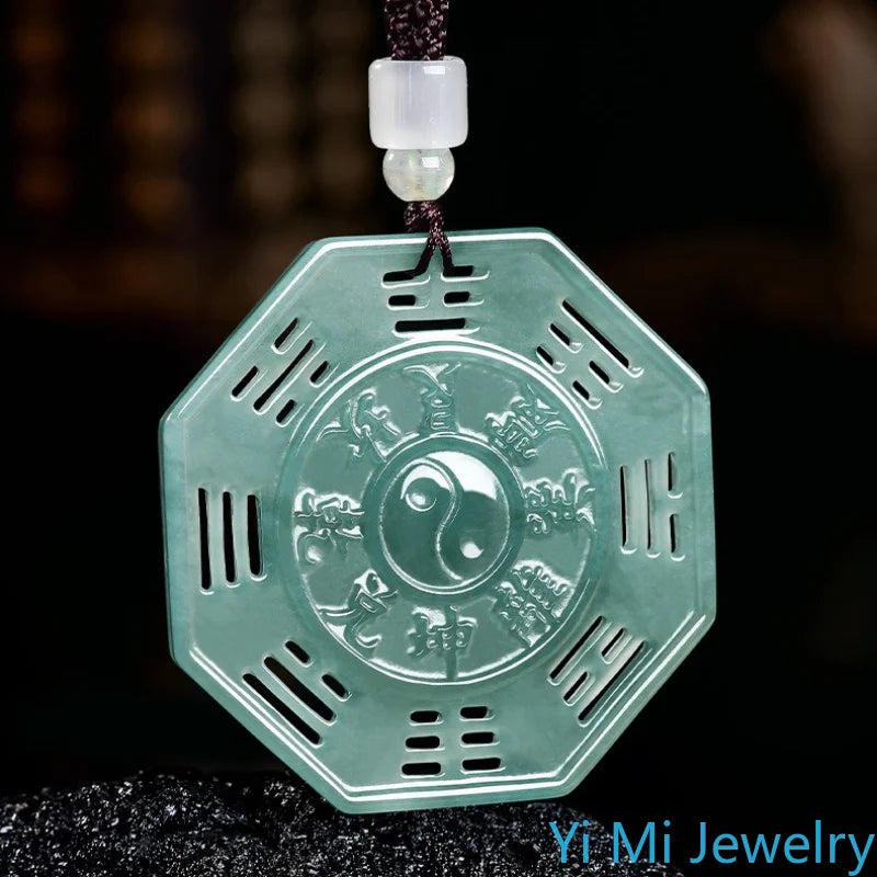 Colar com pingente Bagua de jade natural, amuleto octogonal Yin Yang Taiji, proteção, cura, Feng Shui, presente da sorte, para mulheres e homens.