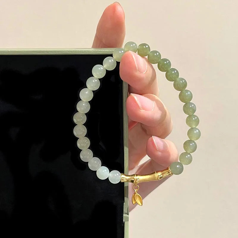 Pulseira de Luxo em Jade Hetian Natural Autêntico Verde com Contas Redondas e Folha de Bambu para Mulheres com Certificado