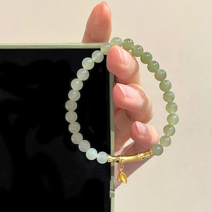 Pulseira de Luxo em Jade Hetian Natural Autêntico Verde com Contas Redondas e Folha de Bambu para Mulheres com Certificado