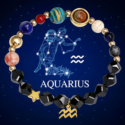 Pulseira do Sistema Solar com 12 Constelações, Pulseira de Pedra Natural, Pulseira de Pedra Preta, Design Planetário, Moda para Uso Diário