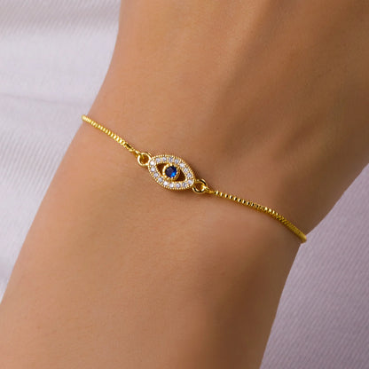 Luxo cor de ouro zircão mau olho azul pulseira moda sorte jóias feminino presente ajustável feito à mão