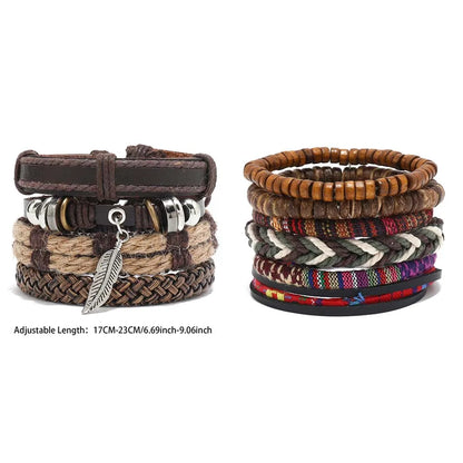 Pulseira de couro boêmio masculina, pulseira tecida à mão, pulseira de contas de madeira para homens, pulseira com pingente, joias masculinas