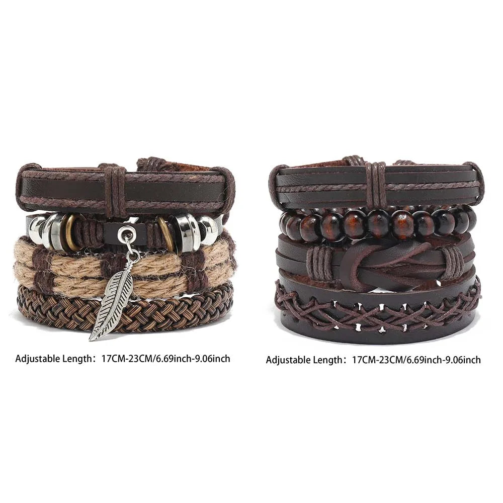 Pulseira de couro boêmio masculina, pulseira tecida à mão, pulseira de contas de madeira para homens, pulseira com pingente, joias masculinas