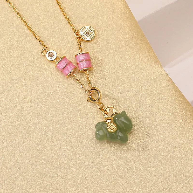 Colar de Elefante Auspicioso Ruyi em Jade Verde Esmaltado, Prata Esterlina S925 Natural Hetian, Prosperidade Instantânea