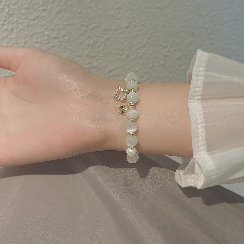 Kirykle pulseira de cristal natural para mulheres, opala branca, pedra, pérola, moda, trevo de quatro folhas da sorte, joias femininas, presente