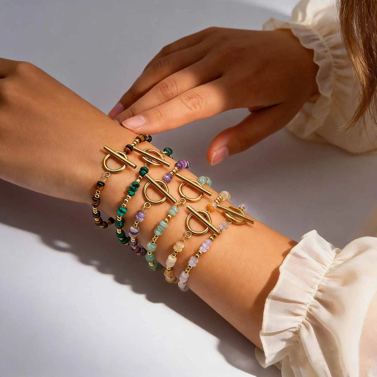 Pulseira de Corrente com Fechos OT e Contas Espaçadoras Pequenas de Pedra Natural Vnox para Mulheres, Pulseiras de Ametistas, Malaquita e Aventurina Verde
