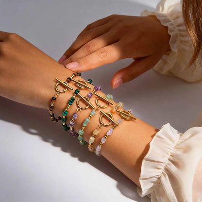 Pulseira de Corrente com Fechos OT e Contas Espaçadoras Pequenas de Pedra Natural Vnox para Mulheres, Pulseiras de Ametistas, Malaquita e Aventurina Verde