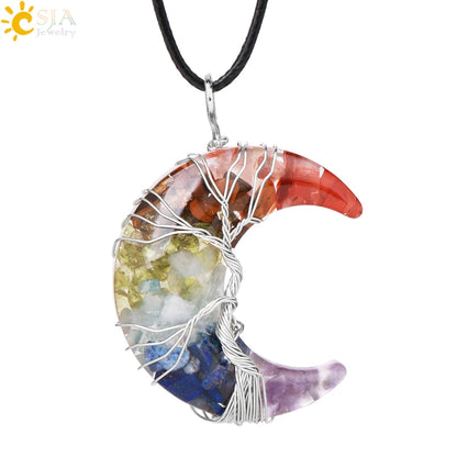 CSJA-Cristal Natural Colar de Pingentes, Lua Crescente Árvore da Vida, Quartzo Rosa, Natural Pedra Chip, Talão Pingentes de Resina, Jóias H151