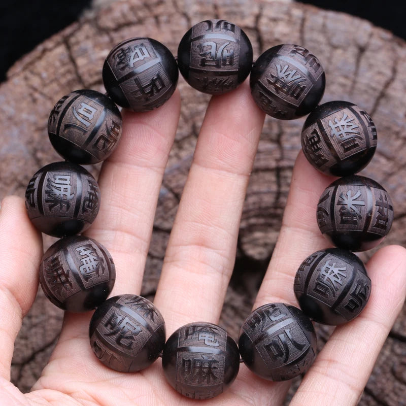 Natural ebony frisado tibetano budista pulseira 18mm 20mm masculino amuleto elástico
