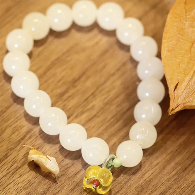 Pulseira de jade branco moda hetian jade10mm tamanho contas canela mão corda design presente pulseira para amigos e família