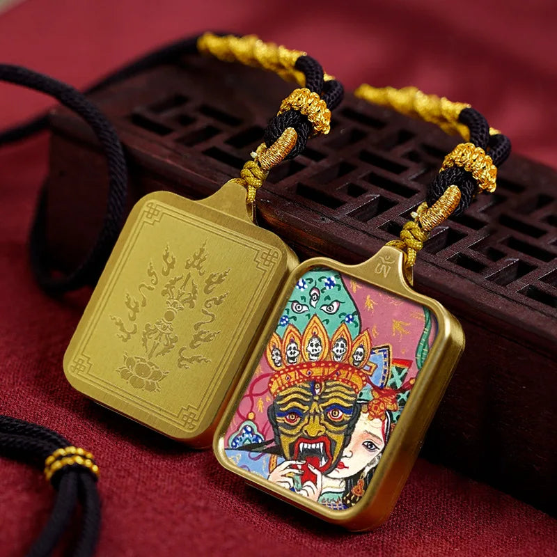 Vintage titânio aço thangka pingentes estilo tibetano zhakiram amarelo deus da riqueza colar talismã masculino e feminino