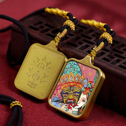 Vintage titânio aço thangka pingentes estilo tibetano zhakiram amarelo deus da riqueza colar talismã masculino e feminino