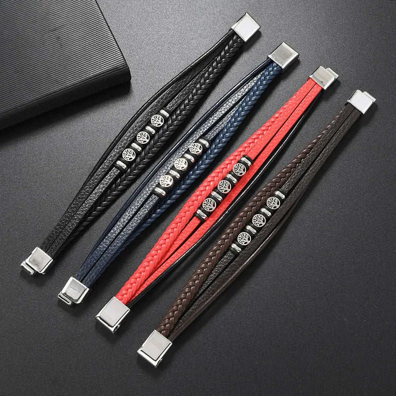 Clássico artesanal pulseiras de couro para homens sorte vida árvore charme em camadas manguito pulseira masculina mão jóias acessórios