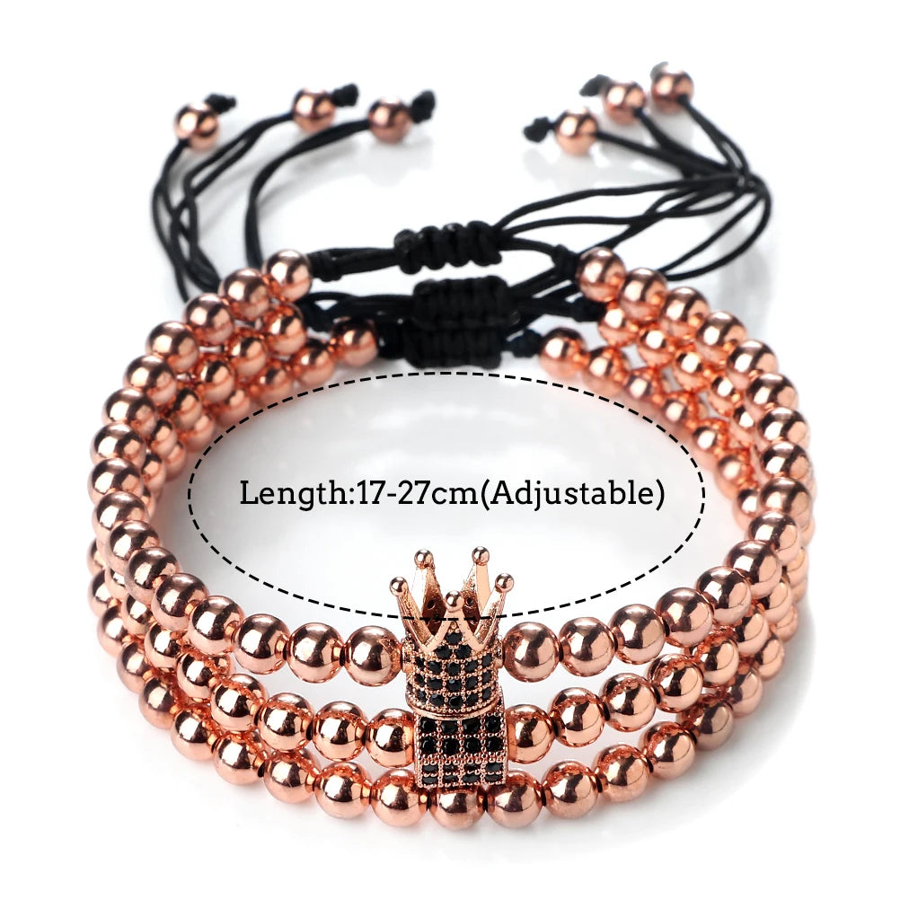 Pulseira de cobre para homens e mulheres, pingente coroa, pulseiras de casal, corrente da amizade, presente da jóia, conjunto 3 peças