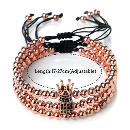 Pulseira de cobre para homens e mulheres, pingente coroa, pulseiras de casal, corrente da amizade, presente da jóia, conjunto 3 peças