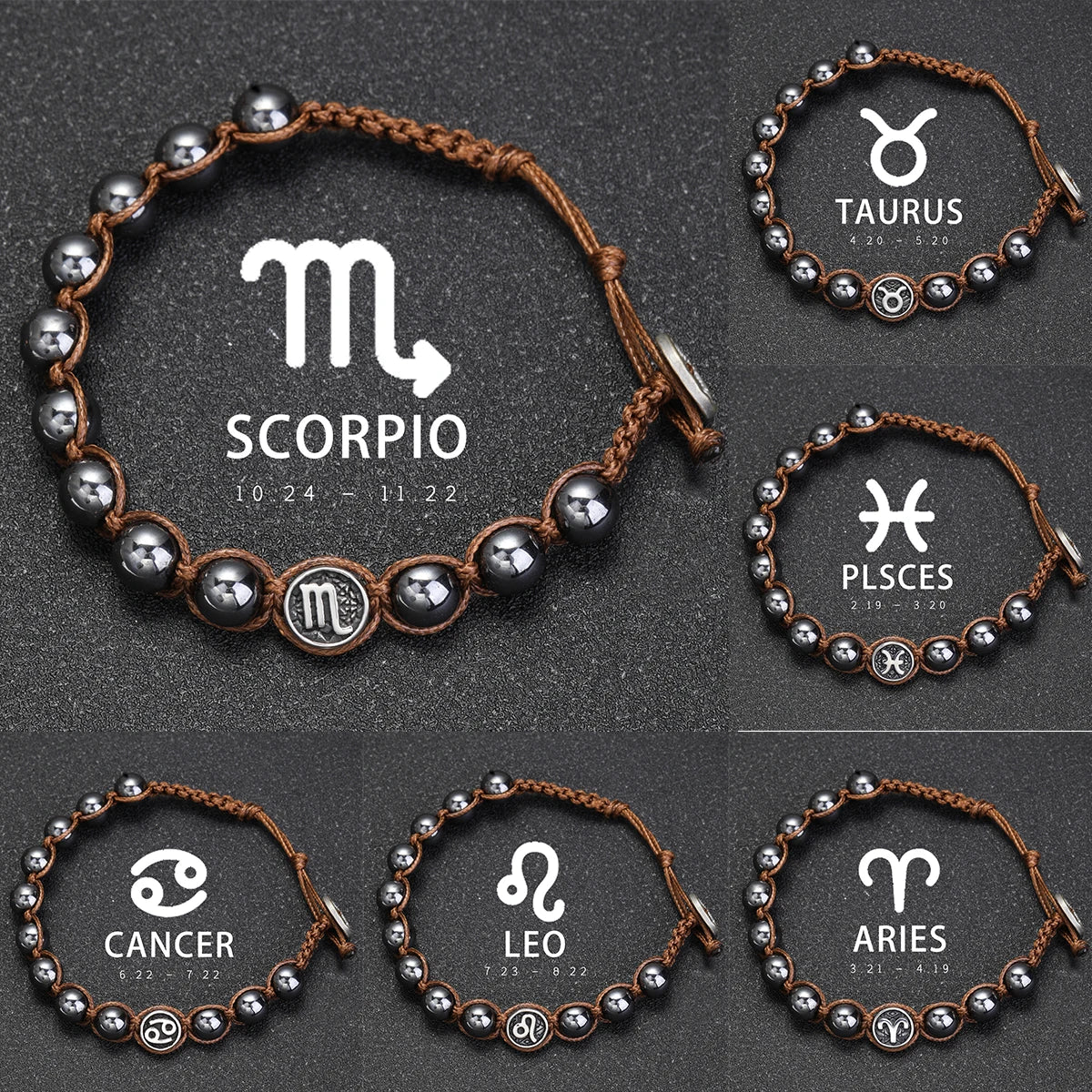 Pulsera Sideral: Signos y Hematita. Diseño y acabado de la pieza mostrada.