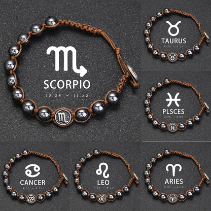 Pulsera Sideral: Signos y Hematita. Diseño y acabado de la pieza mostrada.