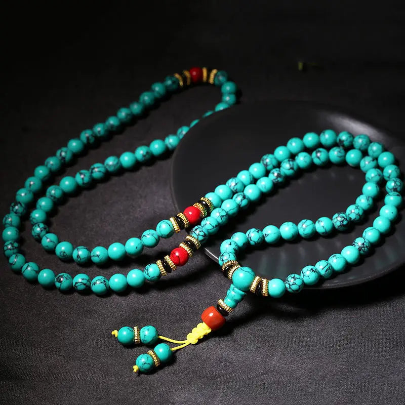 Pulseira turquesa natural mala contas 108 colar suéter corrente verde turquesa pedra multicamadas borla charme pulseiras pulseiras