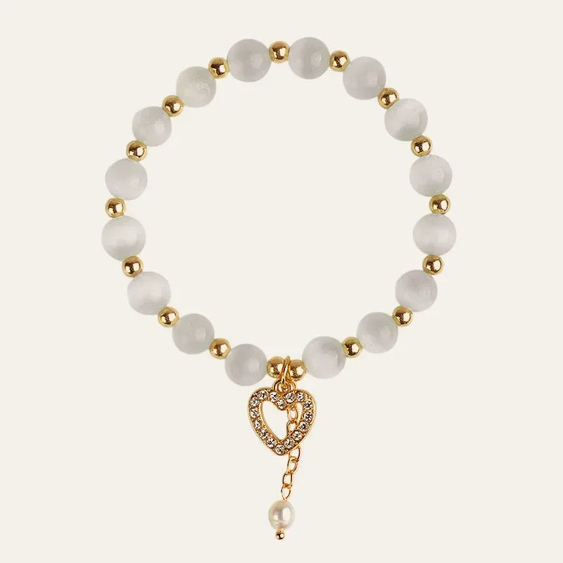 Kirykle pulseira de cristal natural para mulheres, opala branca, pedra, pérola, moda, trevo de quatro folhas da sorte, joias femininas, presente