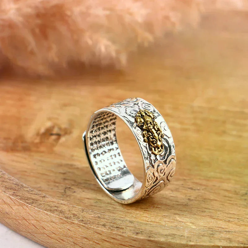 Anel Feng Shui PIXIU com Amuletos, Anel Ajustável com Escultura de Escritura para Prosperidade e Sorte, Joia para Mulheres e Homens, Presente
