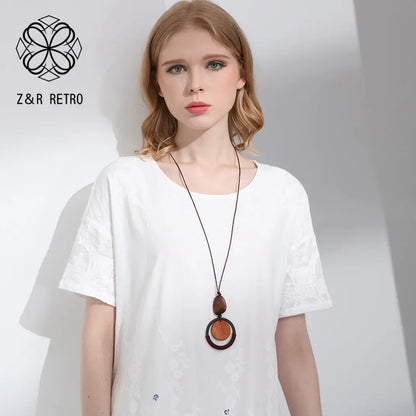 Colar longo com pingente de madeira para mulheres, vintage, boho, joias em camadas, presente exclusivo, feito à mão, retrô, peça de declaração diária