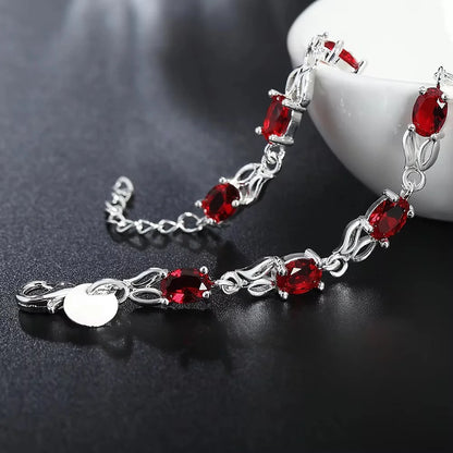 Pulseiras de corrente com cristais vermelhos vibrantes em prata de lei 925, para mulheres, ideais para festas, casamentos e como lindos presentes de Natal. Joias requintadas.