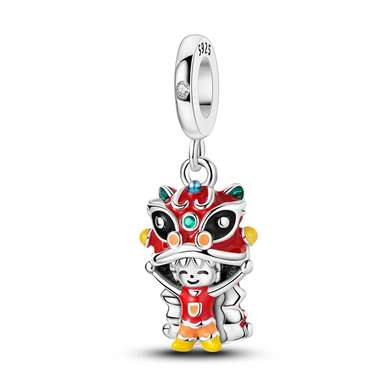 Original 925 prata esterlina encantos grânulo china ano novo vermelho encantos nova boneca pingente fecho aberto caber multi estilo pulseira original
