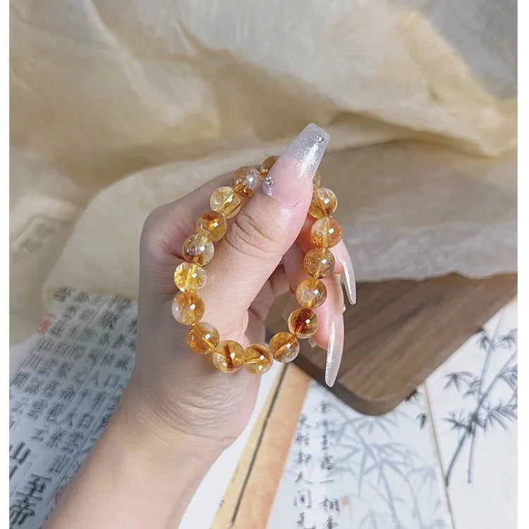 Pulseira de Quartzo Rutilado Dourado Natural, Pulseira de Cristal Amarelo Brasileiro com Contas, Amuleto da Riqueza, Joia da Moda para Homens e Mulheres