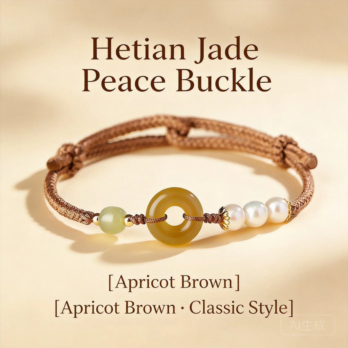 Pulseira de Jade Hetian Estilo Chinês com Fivela da Paz da Sorte para Mulheres, Corda Marrom Damasco Tecida à Mão, Pérola de Concha, Joia da Bênção e Fortuna
