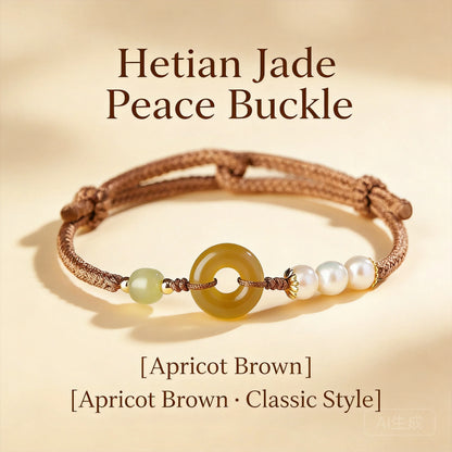Pulseira de Jade Hetian Estilo Chinês com Fivela da Paz da Sorte para Mulheres, Corda Marrom Damasco Tecida à Mão, Pérola de Concha, Joia da Bênção e Fortuna