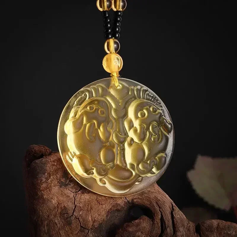 Colar com pingente de fofoca de obsidiana, escultura em forma de dragão e fênix, amuleto da sorte, joias de pérola mantra de seis caracteres