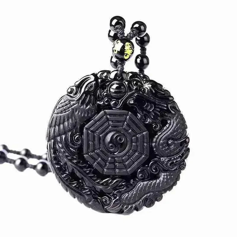Colar com pingente de fofoca de obsidiana, escultura em forma de dragão e fênix, amuleto da sorte, joias de pérola mantra de seis caracteres