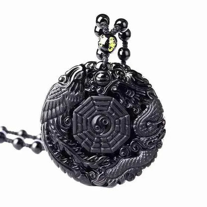 Colar com pingente de fofoca de obsidiana, escultura em forma de dragão e fênix, amuleto da sorte, joias de pérola mantra de seis caracteres