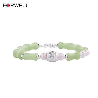 Pulseira de Prata Esterlina de Alta Qualidade com Pérola Natural e Jade Hetian em Forma de Nó de Bambu para Mulheres, Presente de Joalheria