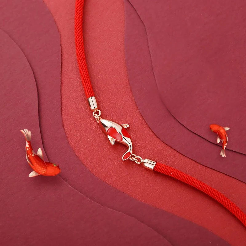 Pulseira da Sorte de Corda Trançada com Pingente Koi, Fio Vermelho, Presente de Dia dos Namorados, Presente para Casal