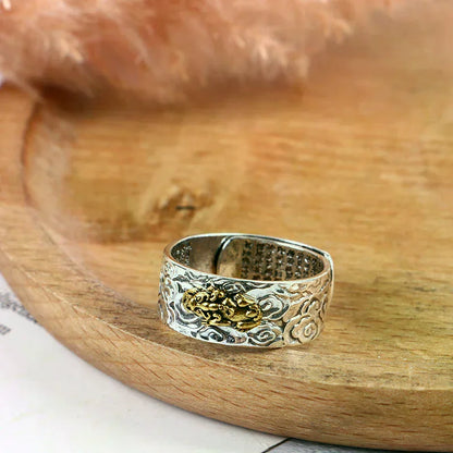 Anel Feng Shui PIXIU com Amuletos, Anel Ajustável com Escultura de Escritura para Prosperidade e Sorte, Joia para Mulheres e Homens, Presente