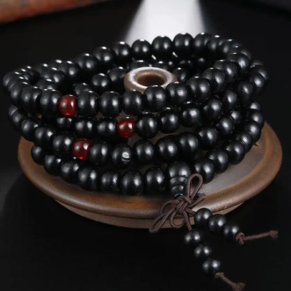 Terço de Contas Budistas de Sândalo Vermelho Estilo Chinês com Folha Pequena, Pulseira e Colar de Contas Multicamadas com Laca para Homens e Mulheres