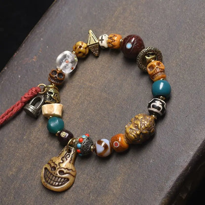 Pulseira de Bênção Estilo Tibetano Tradicional com Osso de Yak, Osso de Camelo, Conta Dzi, Turquesa, Ágata, Estrela, Lua e Bodhi - Joia da Sorte e Fortuna