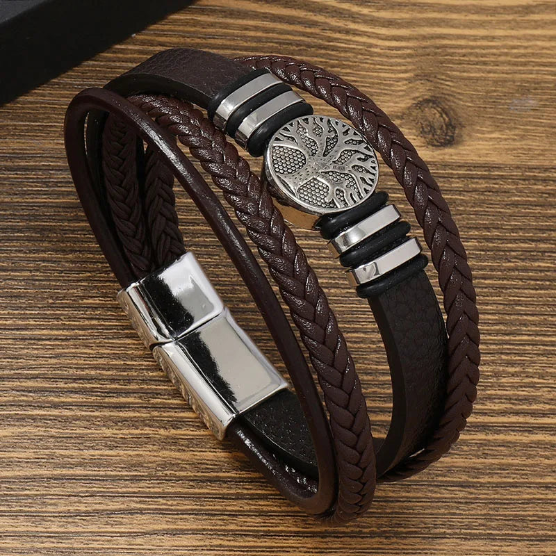 Clássico artesanal pulseiras de couro para homens sorte vida árvore charme em camadas manguito pulseira masculina mão jóias acessórios